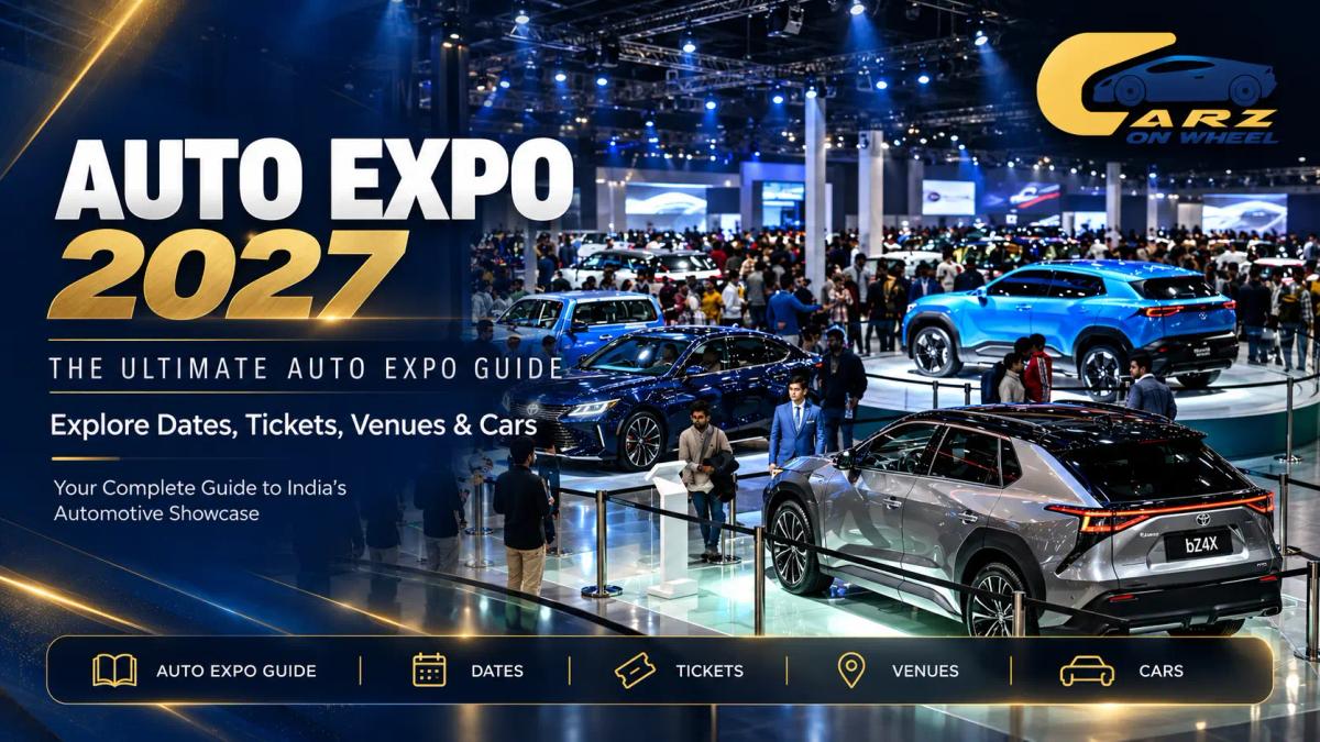 Auto Expo 2027 guide with vehicles on the exhibition floor